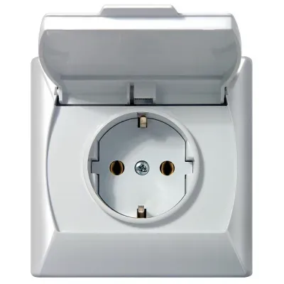 AKCENT Gniazdo bryzgoszczelne z uziemieniem schuko IP-44 wieczko przezroczyste, kolor: BIAŁY, 16A/250~, IP-44, zaciski gwintowe