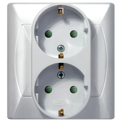 AKCENT Gniazdo podwójne z uziemieniem schuko z przesłonami torów prądowych, kolor: BIAŁY, 16A/250~, IP-20, zaciski gwintowe