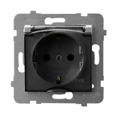 ARIA Gniazdo bryzgoszczelne z uziemieniem schuko IP-44 wieczko przezroczyste, kolor: SREBRO, 16A 250V~, IP44, zaciski gwintowe