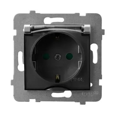 ARIA Gniazdo bryzgoszczelne z uziemieniem schuko IP-44 z przesłonami torów prądowych wieczko przezroczyste, kolor: SREBRO, 16A 250V~, IP44, zaciski gwintowe