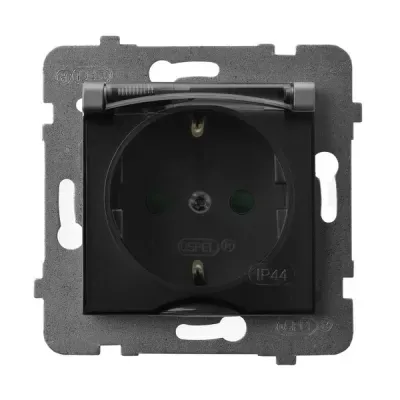 ARIA Gniazdo bryzgoszczelne z uziemieniem schuko IP-44 z przesłonami torów prądowych wieczko przezroczyste, kolor: SZARY MAT, 16A 250V~, IP44, zaciski gwintowe