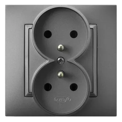 ARIA Gniazdo podwójne z uziemieniem kompletne z ramką, kolor: SZARY MAT, 16A 250V~, IP20, zaciski gwintowe