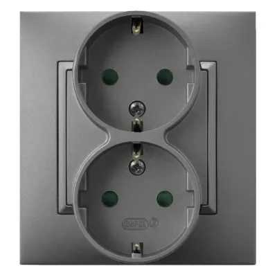 ARIA Gniazdo podwójne z uziemieniem schuko z przesłonami torów prądowych, kompletne z ramką, kolor: SZARY MAT, 16A 250V~, IP20, zaciski gwintowe