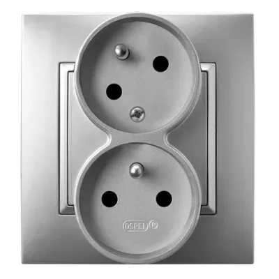 ARIA Gniazdo podwójne z uziemieniem z funkcją niezamienności faz, kompletne z ramką, kolor: SREBRO, 16A 250V~, IP20, zaciski gwintowe