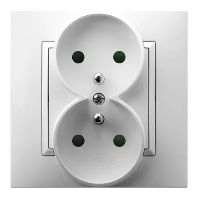 ARIA Gniazdo podwójne z uziemieniem z przesłonami torów prądowych, kompletne z ramką, kolor: BIAŁY, 16A 250V~, IP20, zaciski gwintowe