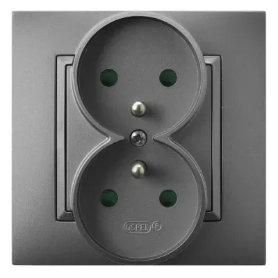 ARIA Gniazdo podwójne z uziemieniem z przesłonami torów prądowych, kompletne z ramką, kolor: SZARY MAT, 16A 250V~, IP20, zaciski gwintowe