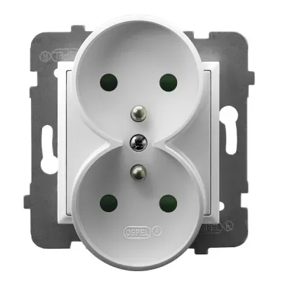 ARIA Gniazdo podwójne z uziemieniem z przesłonami torów prądowych, moduł bez ramki, kolor: BIAŁY, 16A 250V~, IP20, zaciski gwintowe