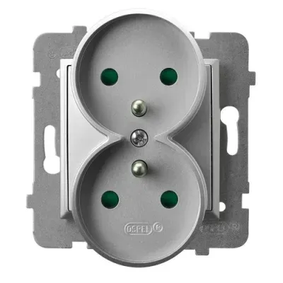 ARIA Gniazdo podwójne z uziemieniem z przesłonami torów prądowych, moduł bez ramki, kolor: SREBRO, 16A 250V~, IP20, zaciski gwintowe