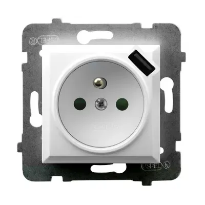 ARIA Gniazdo pojedyncze z uziemieniem z przesłonami torów prądowych, z ładowarką USB, kolor: BIAŁY, 16A/230~,USB 5V/2,1A, IP-20, zac.bezgw.